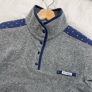 Columbia Gray Heather Pullover Fleece with Navy Trim and Polka Dot Shoulders